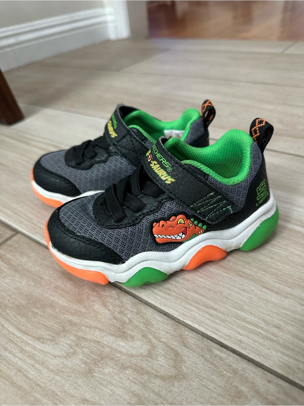 Skechers Boys S-Lights Black, Green & Orange Dino Light-Up Sneakers